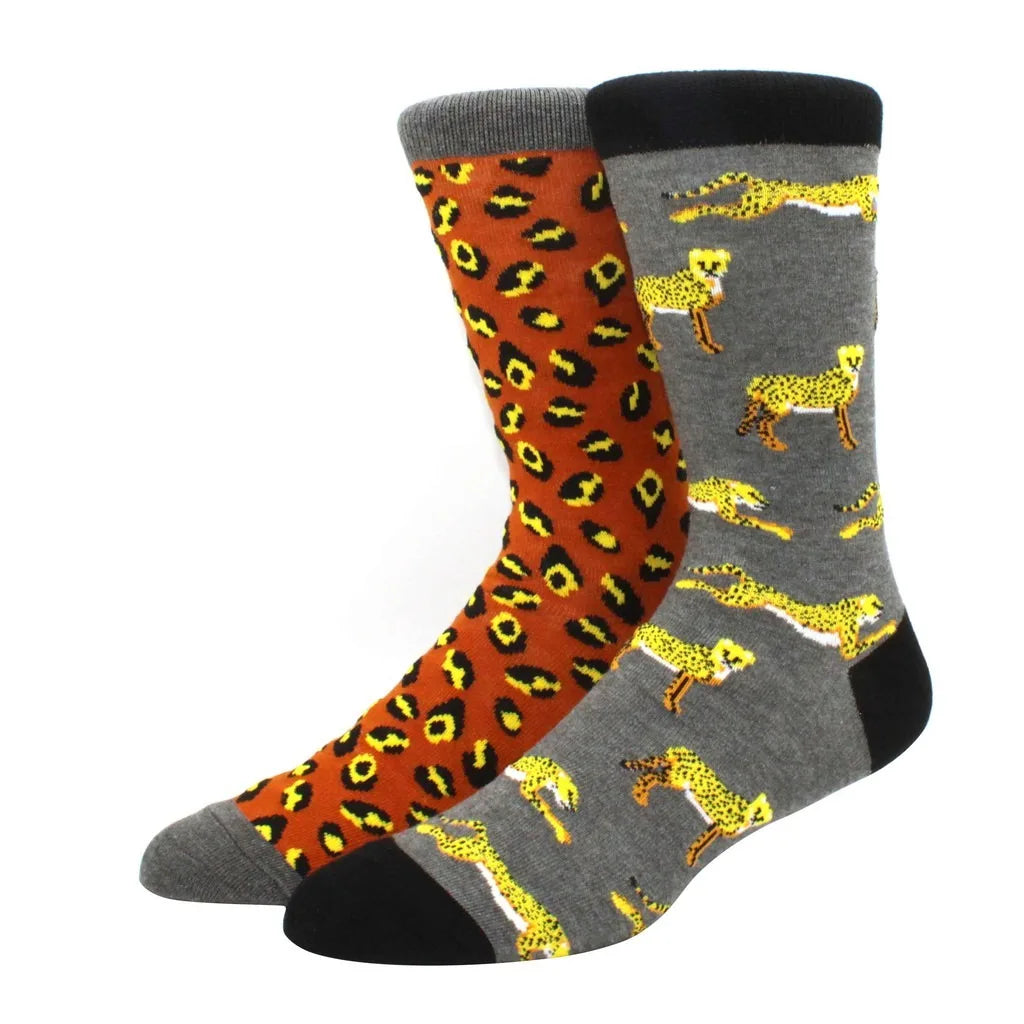 Men's Novelty Cotton Crew Socks - Mismatched Animal & Fruit Design
