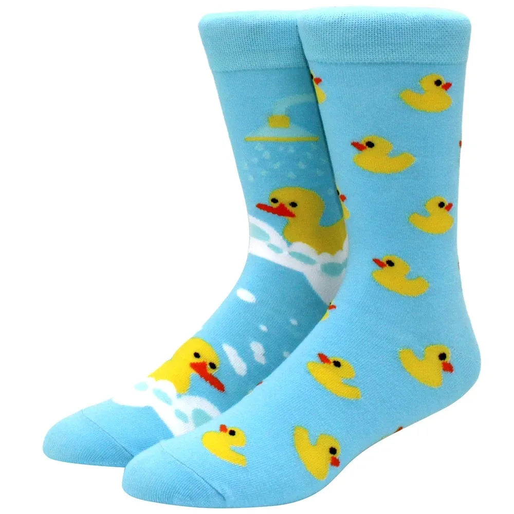 Men's Novelty Cotton Crew Socks - Mismatched Animal & Fruit Design