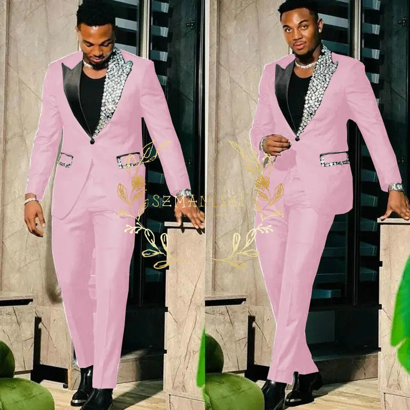 Slim Fit Suit Single Breasted Peak Lapel Blazer High Quality Crystal Prom Party 2 Piece Jacket & Pants for Men