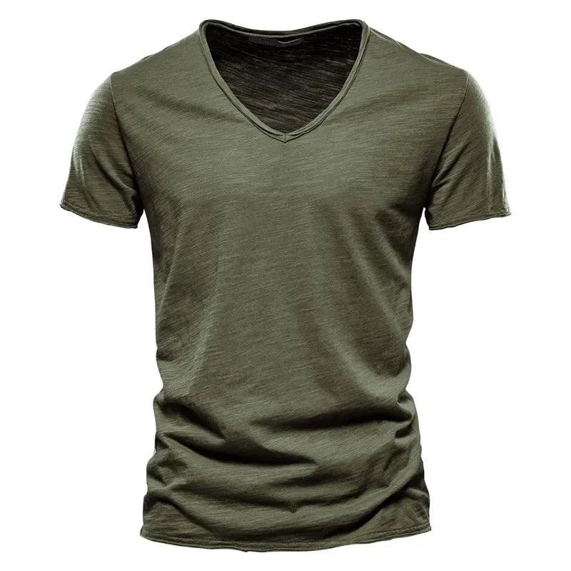 Premium Cotton V-Neck T-Shirt - Slim Fit Short Sleeve