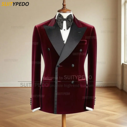 Elegant Velet Peak Lapel Blazers for Men Fashion Brief Double Breasted Office Work Suit Tuxedo Coat 1 Piece Formal Evening Gown