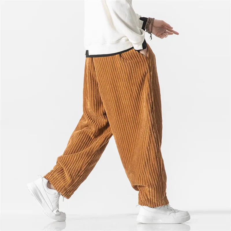 Men's Corduroy Harem Pants - Loose Fit Casual Joggers with Drawstring