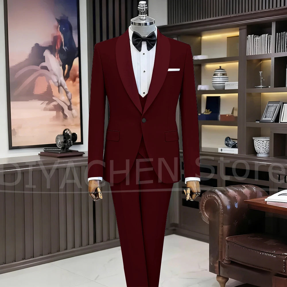Black Suits for Men Elegant Shawl Lapel One Button Male Suit Slim (Jacket+Vest+Pants) Banquet Prom Wedding Party Tuxedo 3 Piece