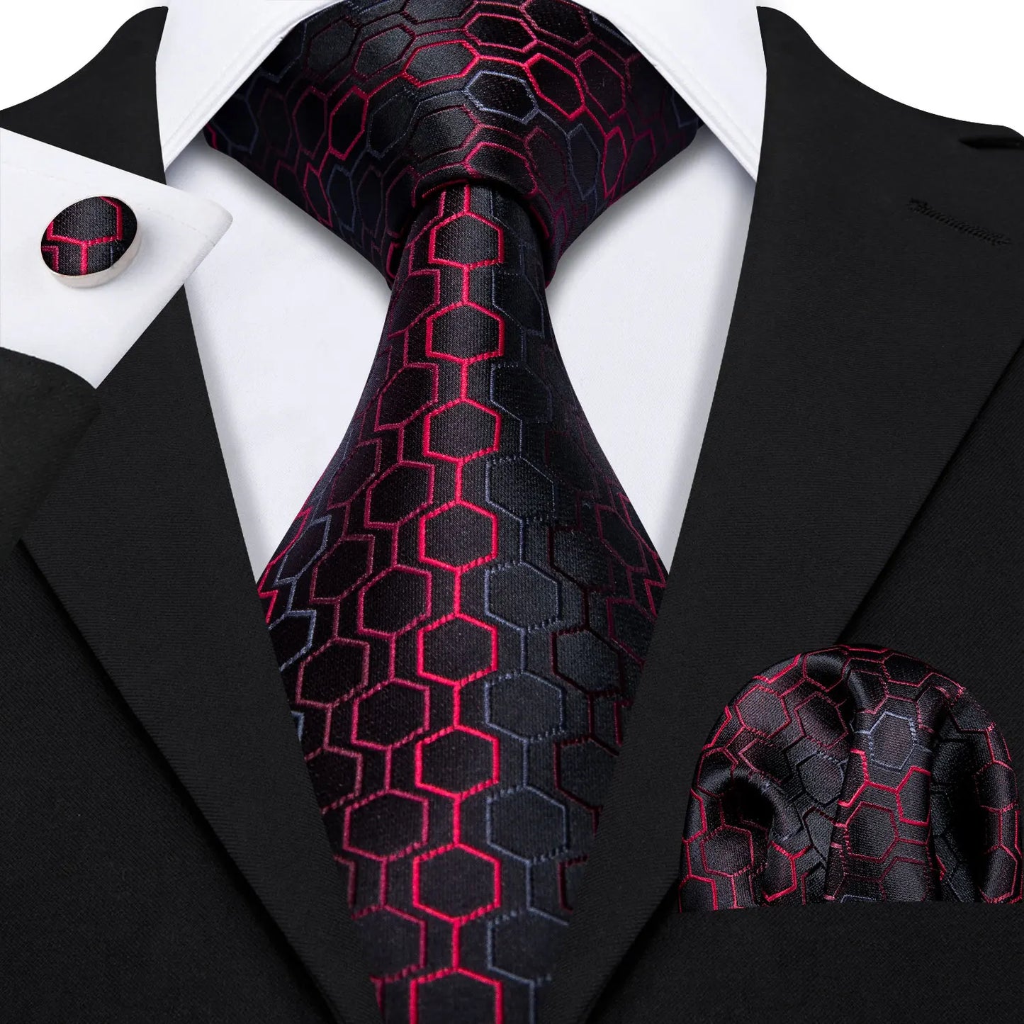 Barry.Wang Red Silk Mens Tie Hanky Cufflinks Set Burgundy Maroon Scarlet Carmine Rose Jacquard Necktie For Male Wedding Party