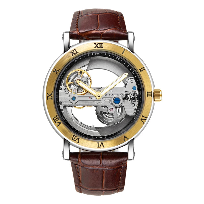 Automatic Skeleton Watch - Golden Bridge Mechanical Wristwatch for Men