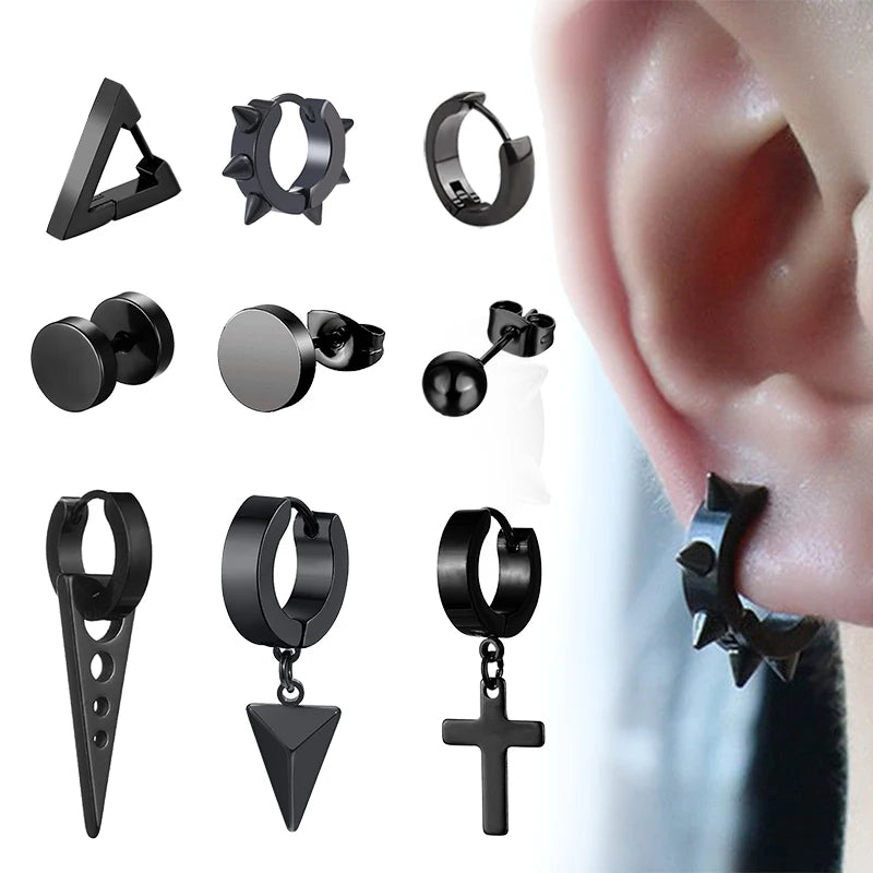 Urban Edge Punk Black Stainless Steel Stud Earrings For Men And Women - Minimalist Street Style For Hip Hop Gothic Looks