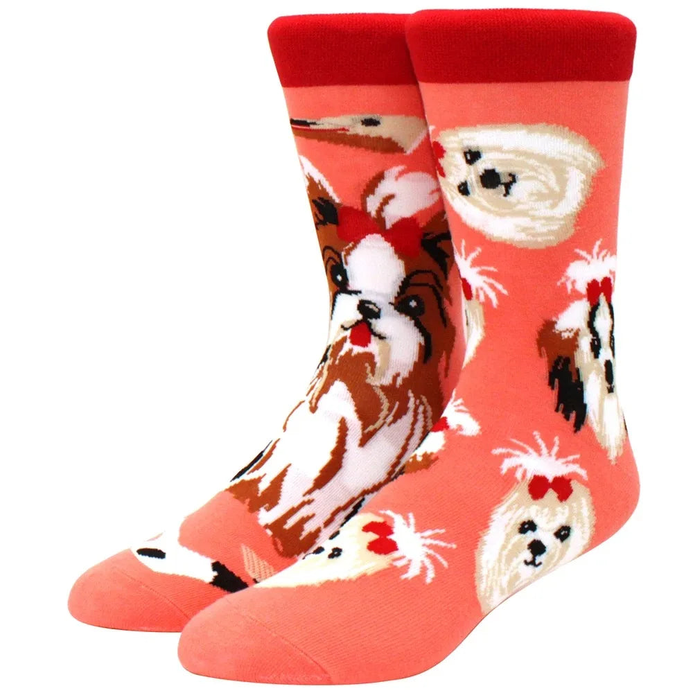 Men's Novelty Cotton Crew Socks - Mismatched Animal & Fruit Design