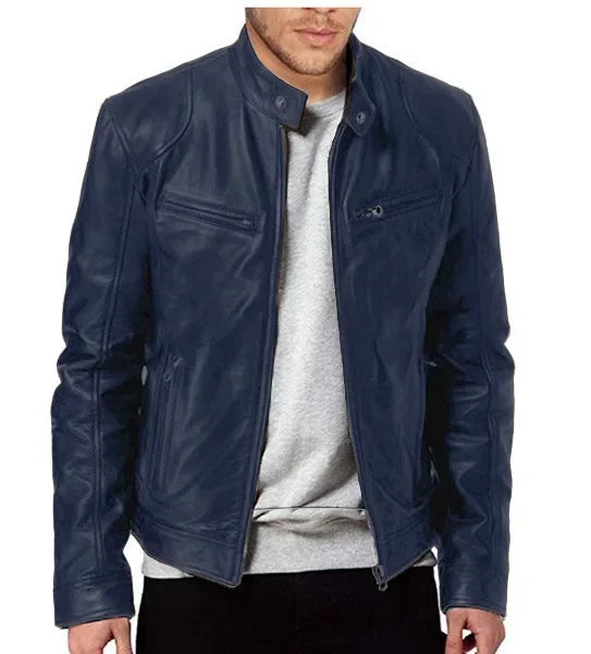 Mens Motorcycle PU Leather Jacket Slim Fit Short-Coat Autumn New Zipper Stand Windproof