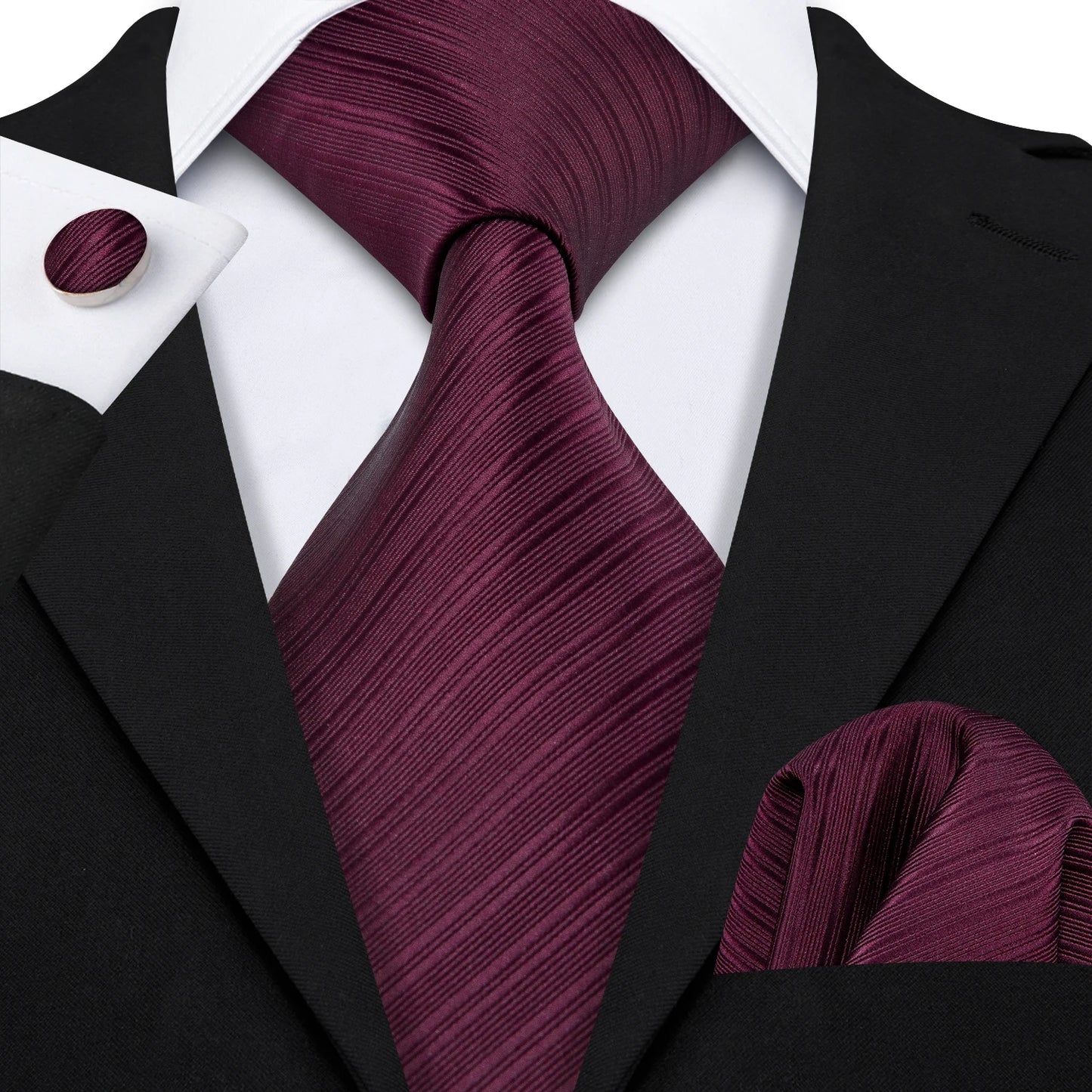 Barry.Wang Red Silk Mens Tie Hanky Cufflinks Set Burgundy Maroon Scarlet Carmine Rose Jacquard Necktie For Male Wedding Party