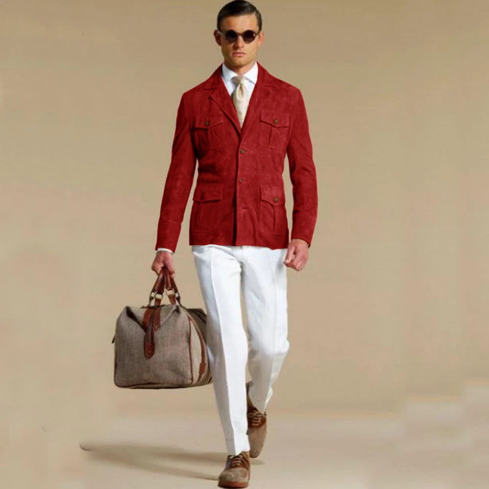 Men's Elegant Suede Blazer Single-breasted Modern Multiple Pockets Lapel Blazers Fashion