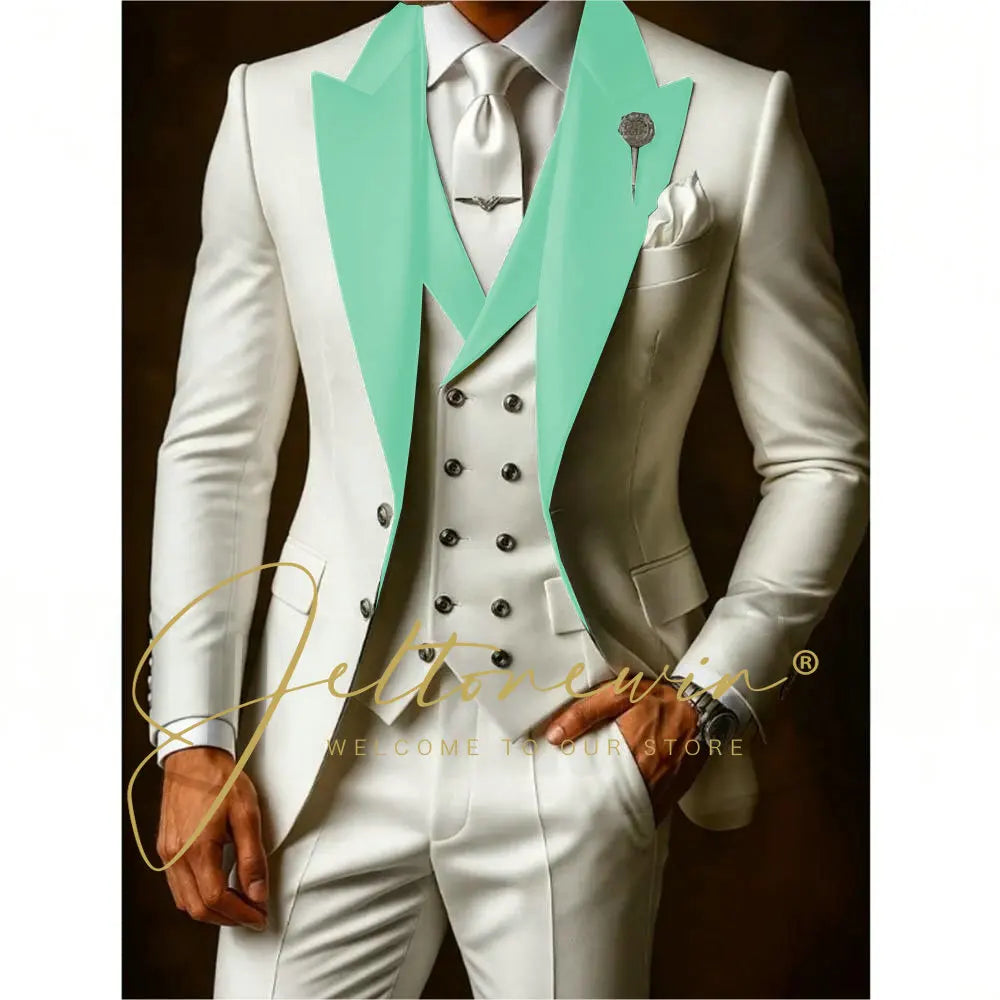 White Suit Set For Men Wedding Party Fashion Blazer Vest Pants Formal  Groom Groomsmen Tailor-made Male High Quality Tuxedos
