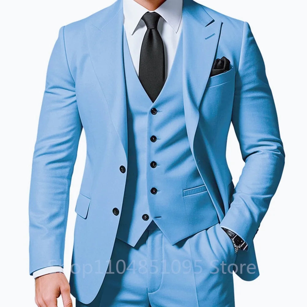 3 Piece Solid Wedding Men Suits Formal Groom Tuxedos Prom Party Male Suits Fashion Men Clothing Set Peak Lapel Jacket Pants Vest