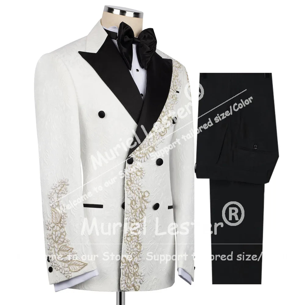 Elegant Suits Men Black Label Jacquard Jacket Pants 2 Piece Sets High-End Customized Beaded Stones Groom Wedding Tuxedos Attire