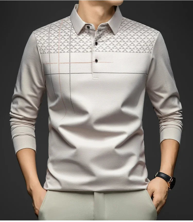 Formal Polo Tshirts Men Graphic Design Long Sleeve Shirt Collar Office Work Polo Tops Man Clothing