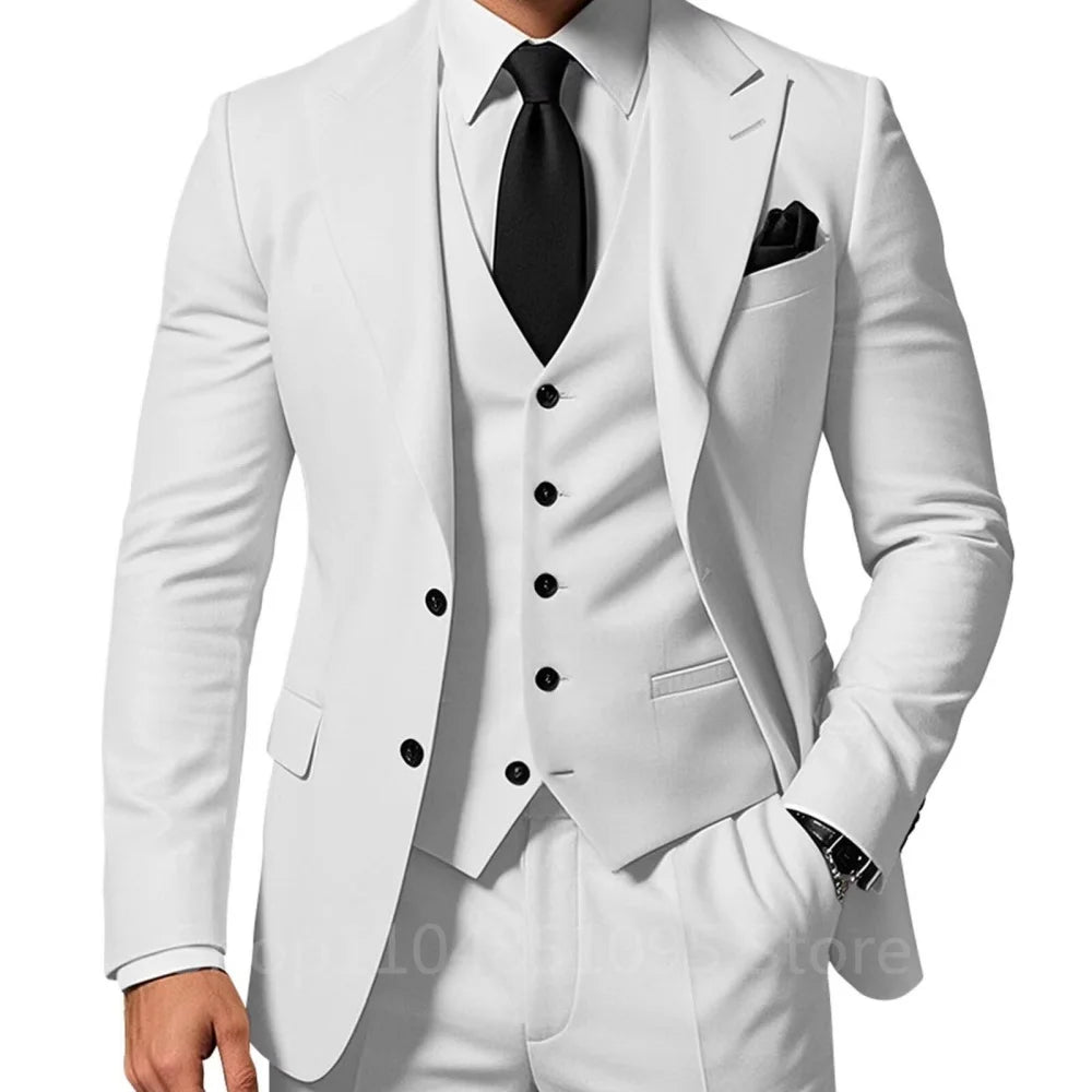 3 Piece Solid Wedding Men Suits Formal Groom Tuxedos Prom Party Male Suits Fashion Men Clothing Set Peak Lapel Jacket Pants Vest