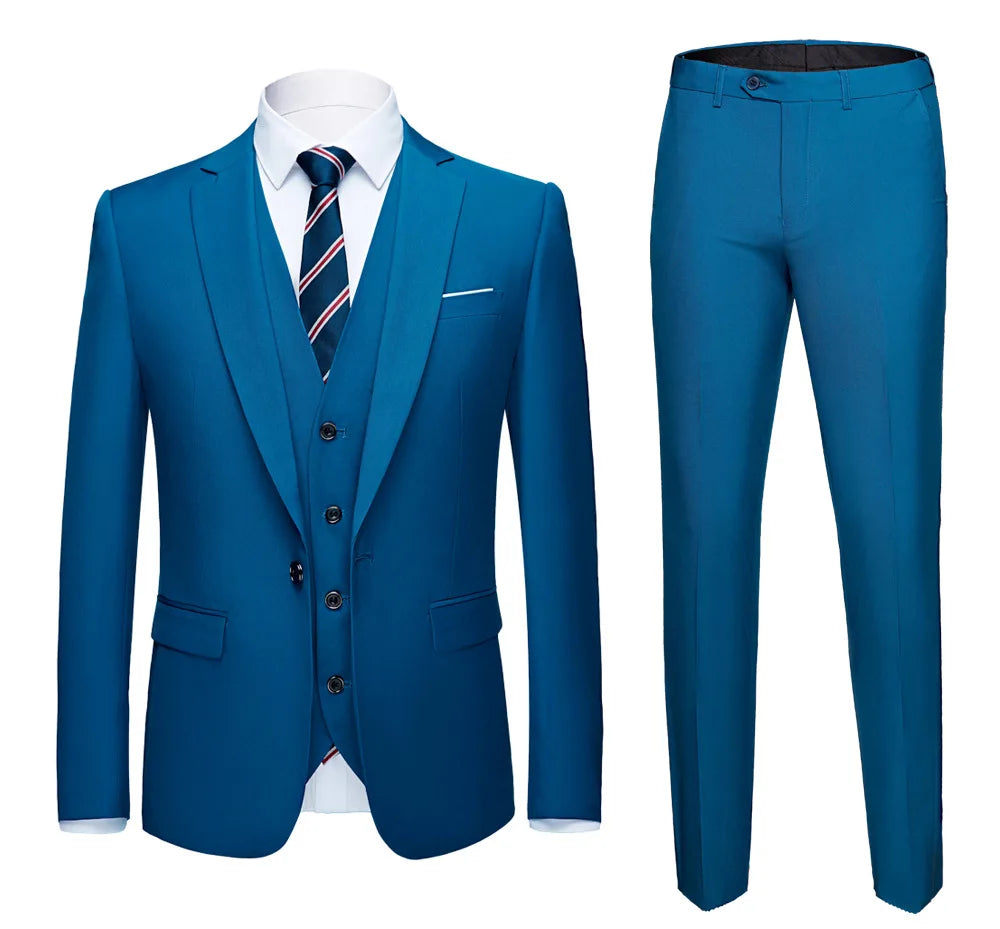 Men Suit Set Simple Solid Color Long Sleeve Male Outfit Single-breasted Slim Business Wedding Versatile Men Three-piece Suits