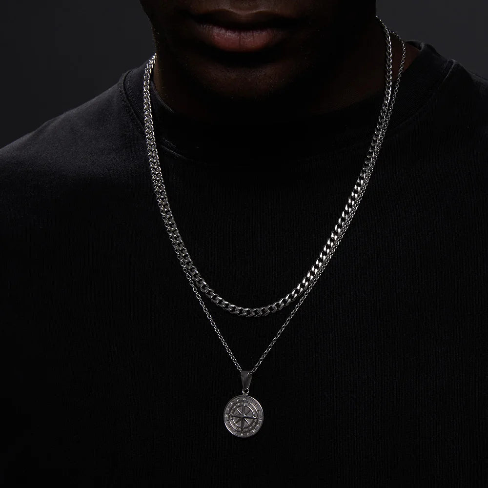 Vnox Layered Necklaces for Men Compass Pendant and Stainless Steel Cuban Figaro Wheat Chain - Casual Retro Collar Style