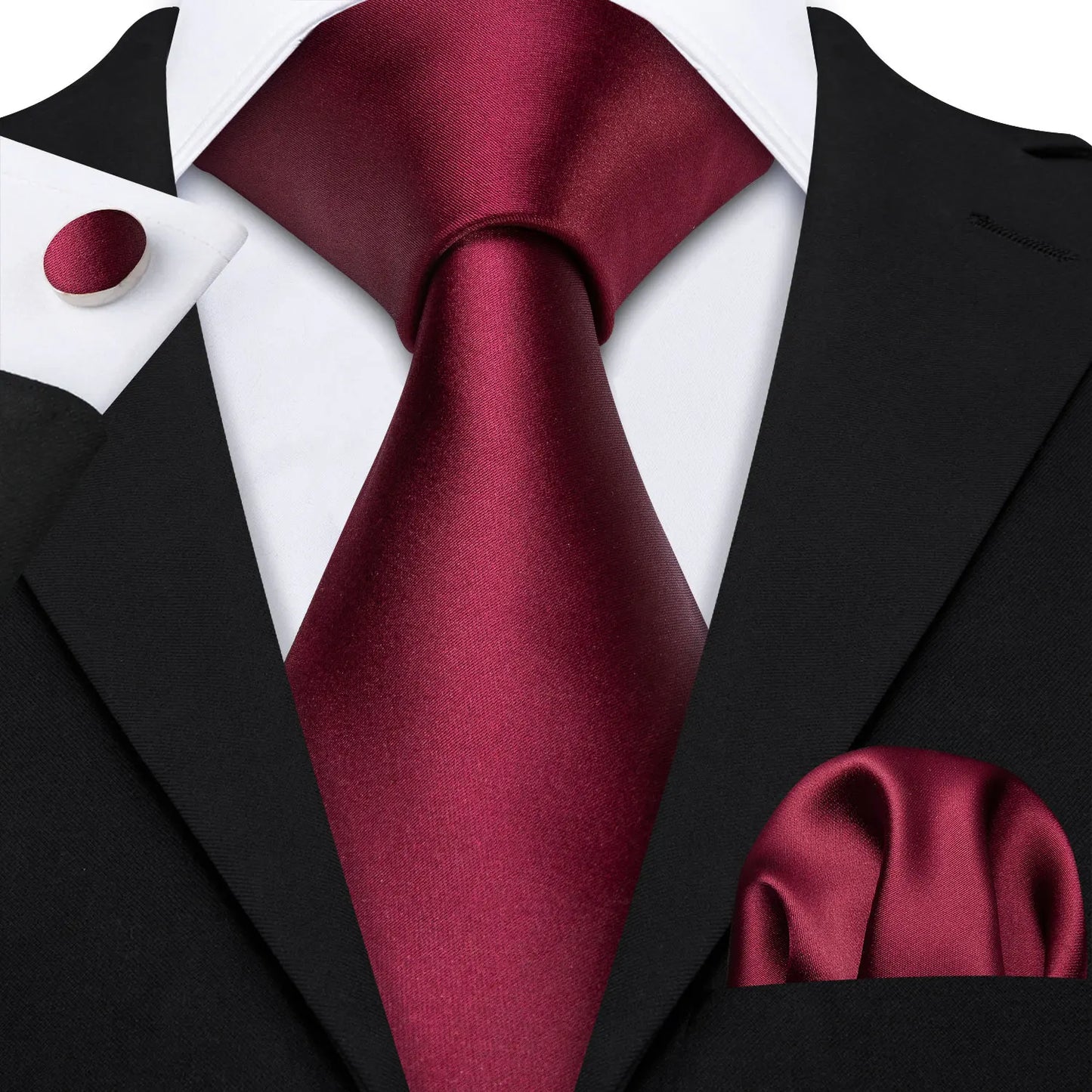 Barry.Wang Red Silk Mens Tie Hanky Cufflinks Set Burgundy Maroon Scarlet Carmine Rose Jacquard Necktie For Male Wedding Party