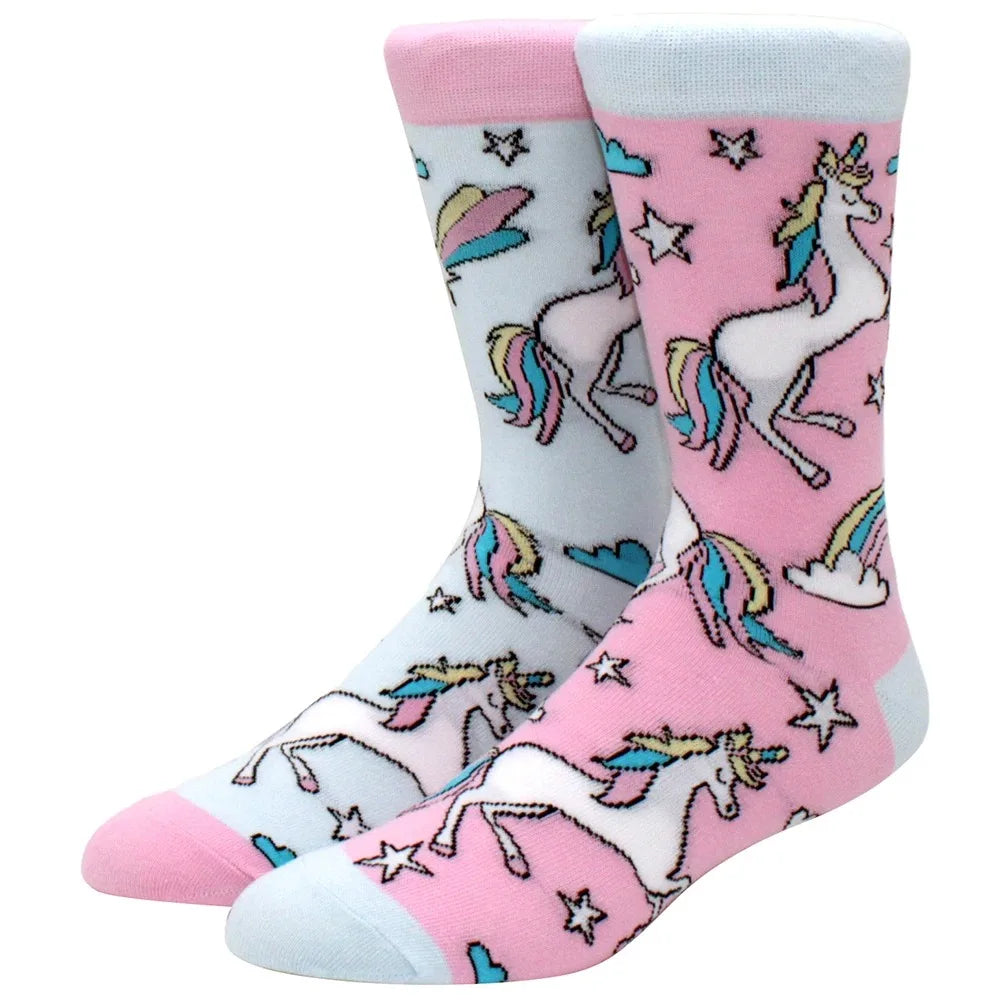 Men's Novelty Cotton Crew Socks - Mismatched Animal & Fruit Design