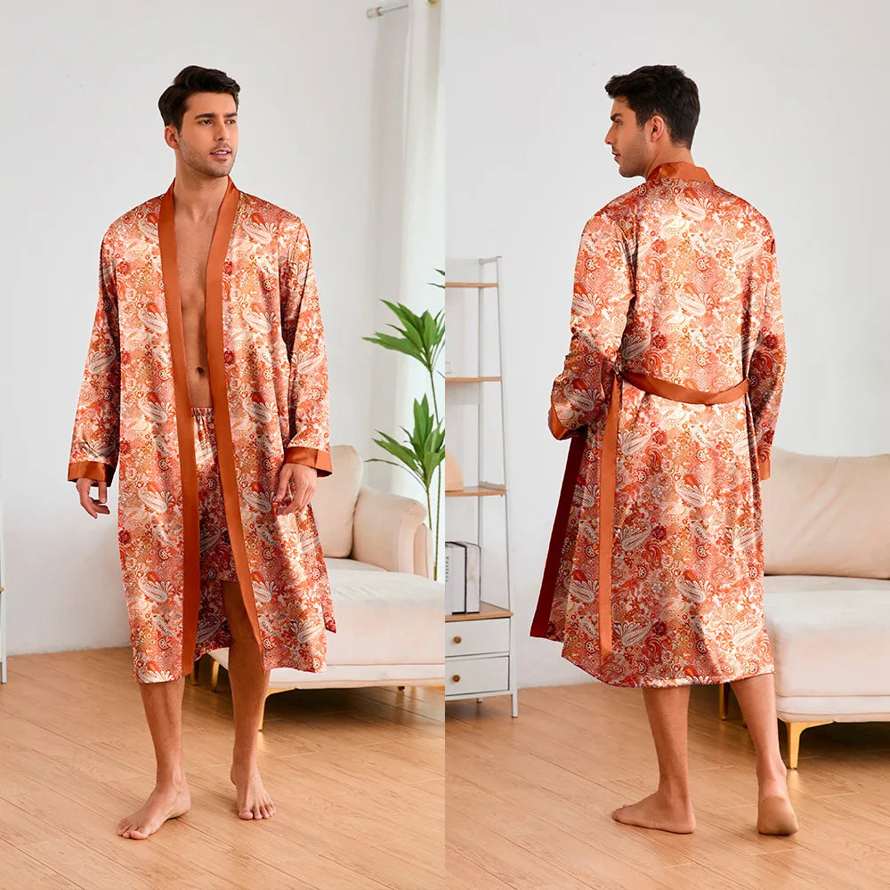 Men's Kimono Bathrobe Set - Luxury Ice Silk Robe & Pajamas
