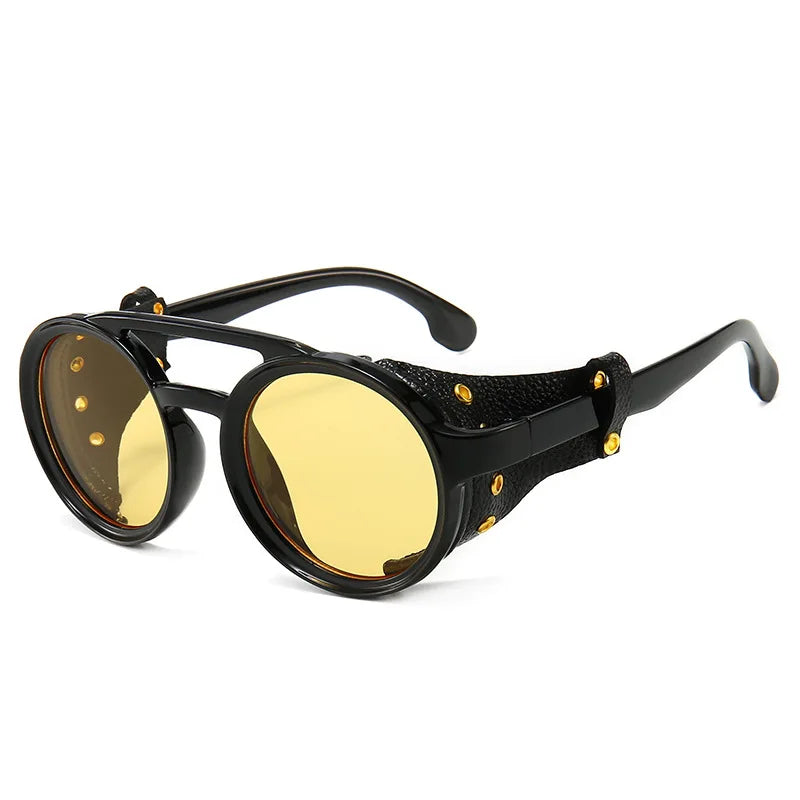 Steampunk Shield Sunglasses with Leather Side Guards - UV400 Protection