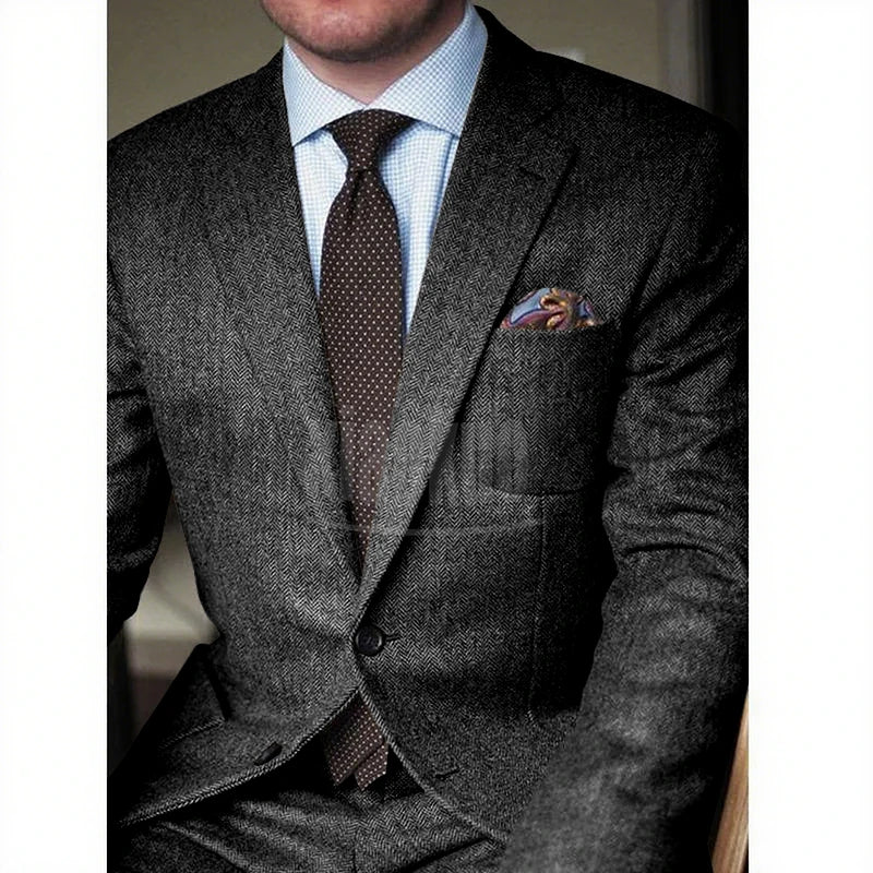 Brown Herringbone Tweed Casual Men Suits for Winter 2 Piece Wedding Groomsmen Tuxedo Male Suit Jacket with Pants New Fashion