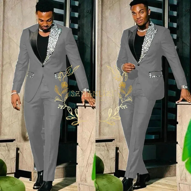 Slim Fit Suit Single Breasted Peak Lapel Blazer High Quality Crystal Prom Party 2 Piece Jacket & Pants for Men