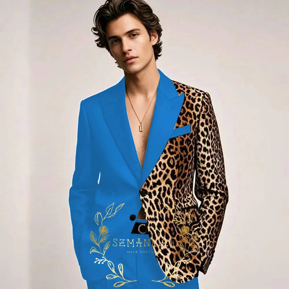 Fashion Suit for Men Leopard Print Peaked Lapel Slim Fit 2 Piece Jacket Pants Blazer Wedding Party Tuxedo Male Clothing