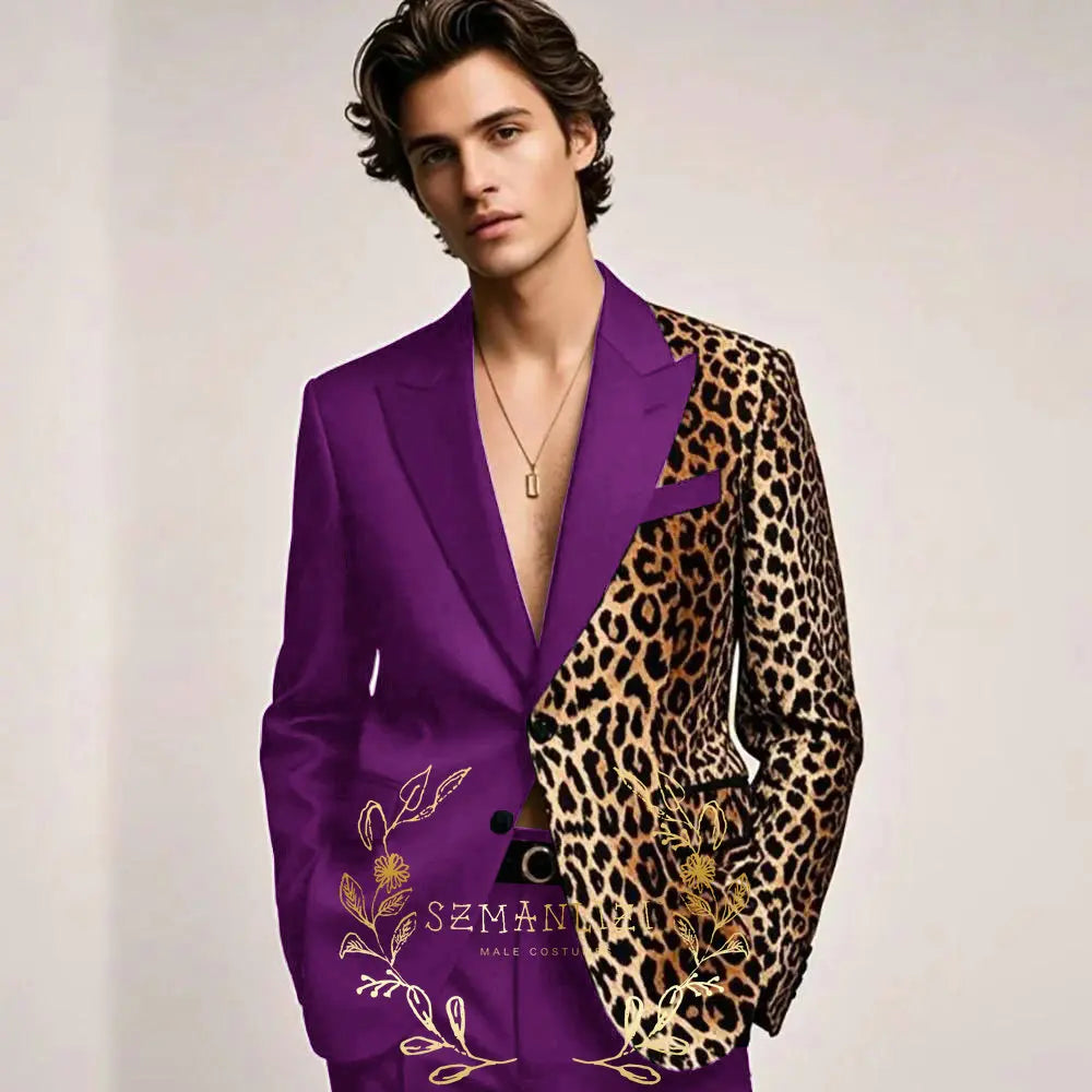 Fashion Suit for Men Leopard Print Peaked Lapel Slim Fit 2 Piece Jacket Pants Blazer Wedding Party Tuxedo Male Clothing