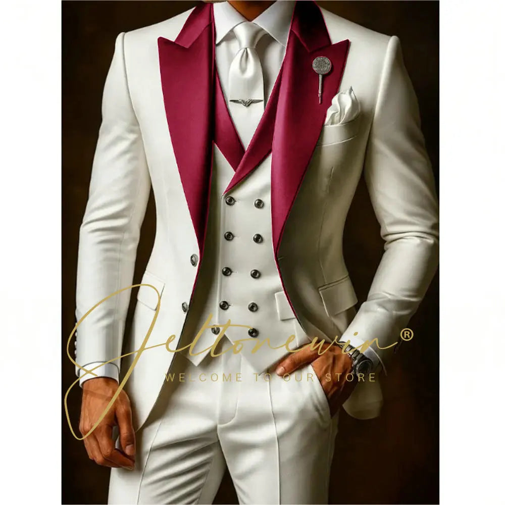 White Suit Set For Men Wedding Party Fashion Blazer Vest Pants Formal  Groom Groomsmen Tailor-made Male High Quality Tuxedos