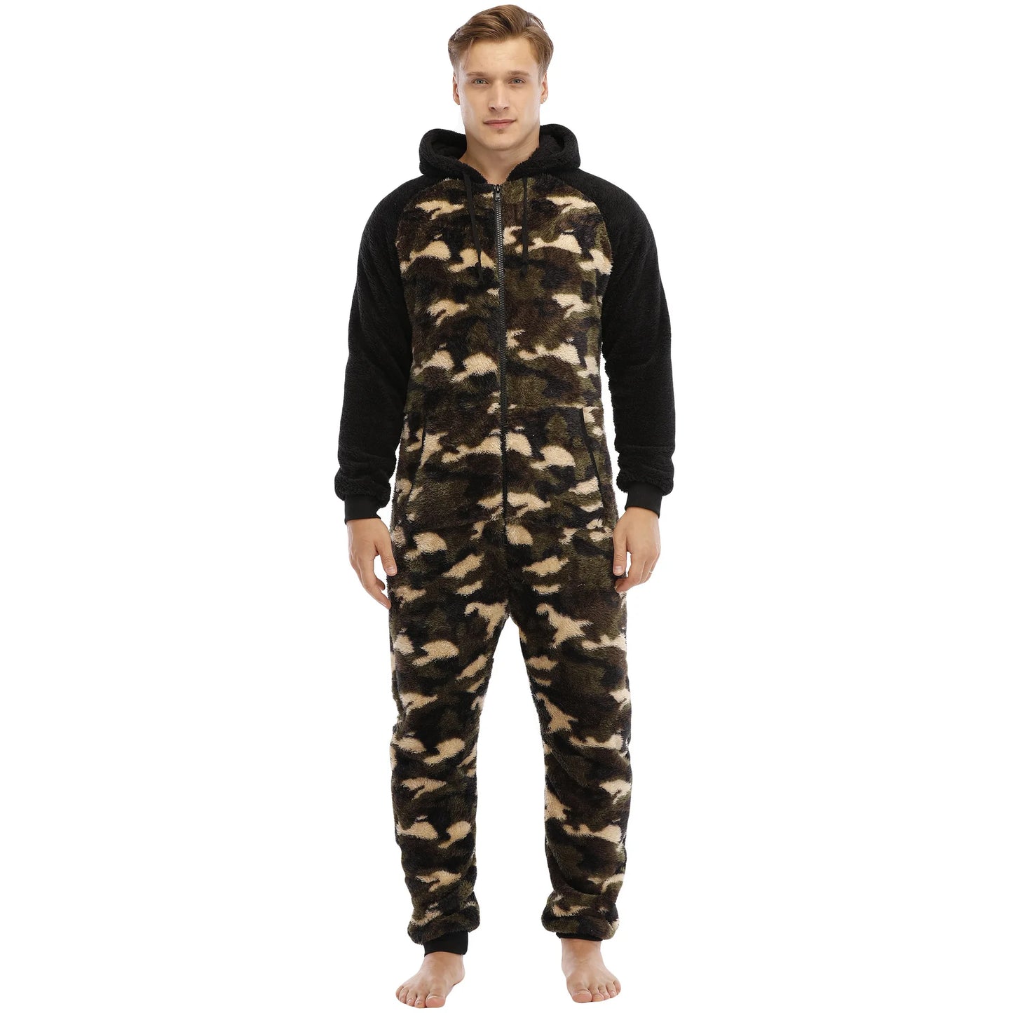 Men's Hooded Fleece Onesie - Camouflage Winter Jumpsuit
