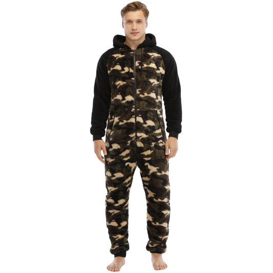 Men's Hooded Fleece Onesie - Camouflage Winter Jumpsuit