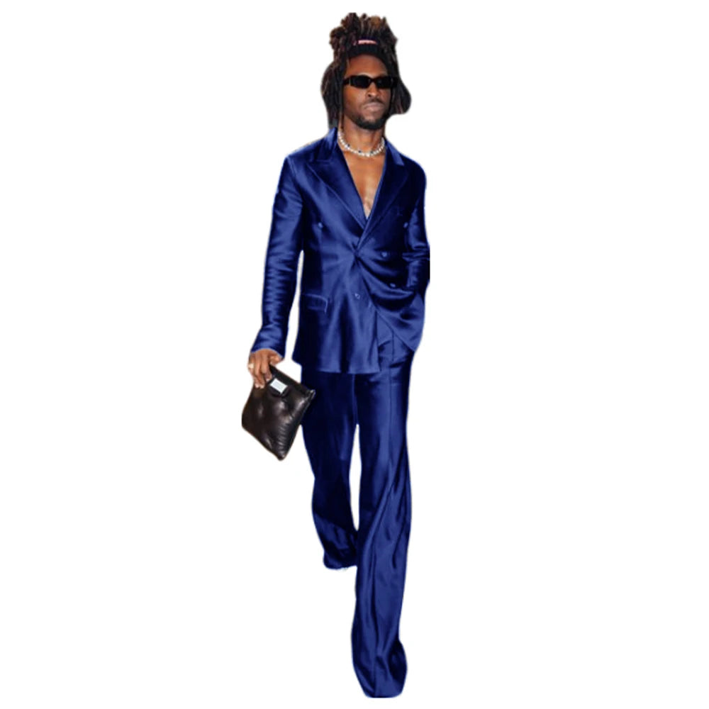 Men's Suit Satin Men Costume Luxurious Double Breasted Complete 2 Pieces Suit Peaked Lapel Jackets Dancing Party Fashion