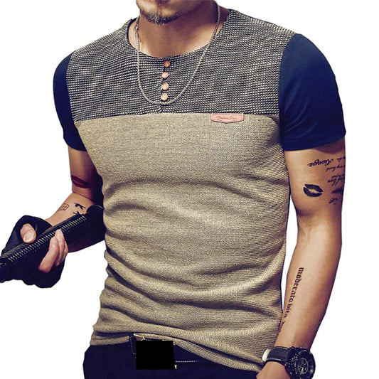 Men's Casual Patchwork T-Shirt - Short Sleeve Cotton Blend Tee