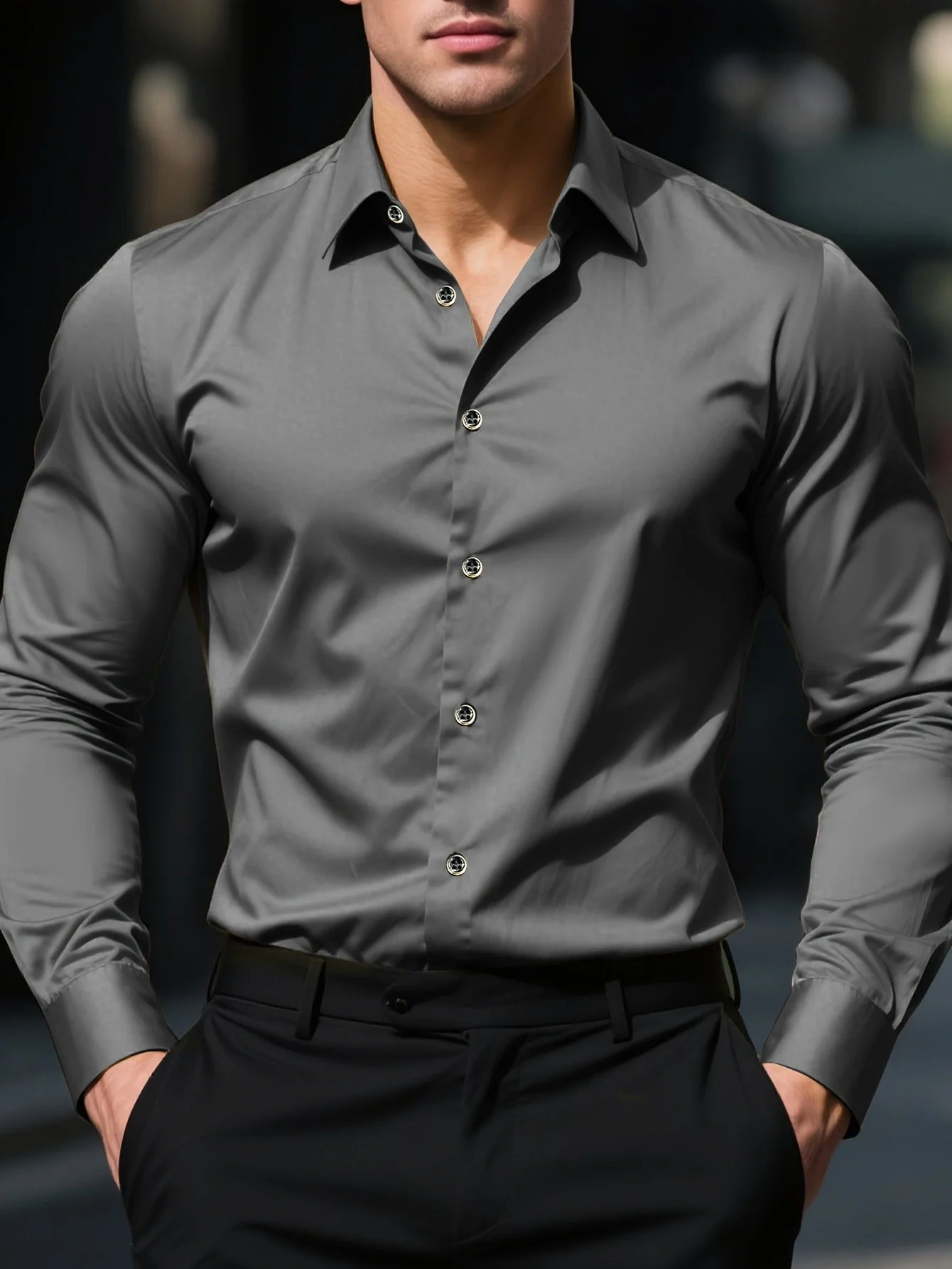 Men's Solid Color Elastic Long Sleeve Four Seasons Smart Casual Business Shirt