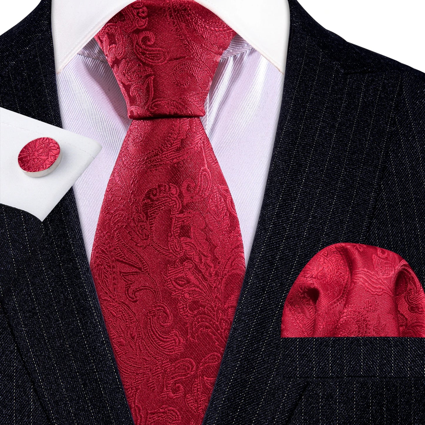 Barry.Wang Red Silk Mens Tie Hanky Cufflinks Set Burgundy Maroon Scarlet Carmine Rose Jacquard Necktie For Male Wedding Party