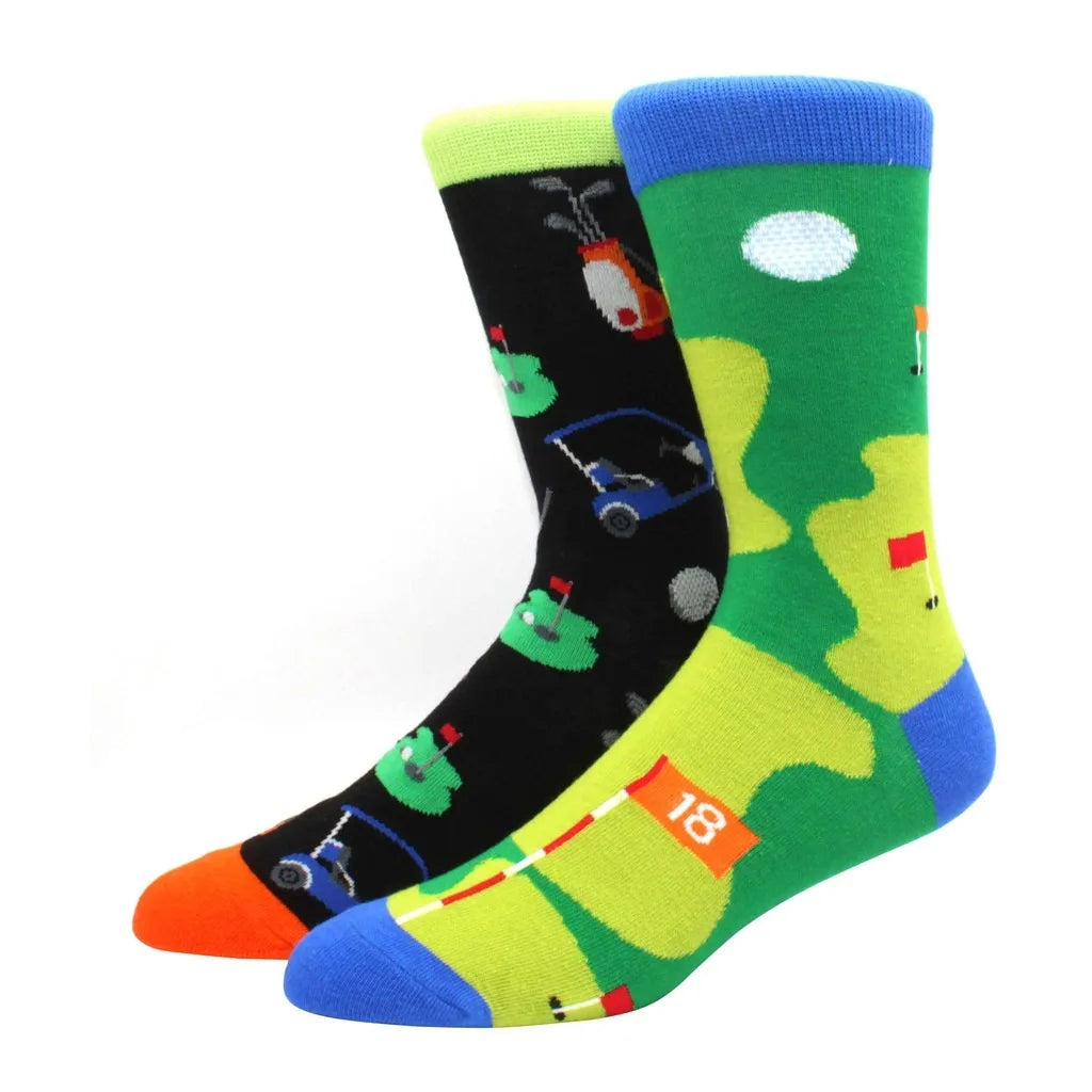 Men's Novelty Cotton Crew Socks - Mismatched Animal & Fruit Design