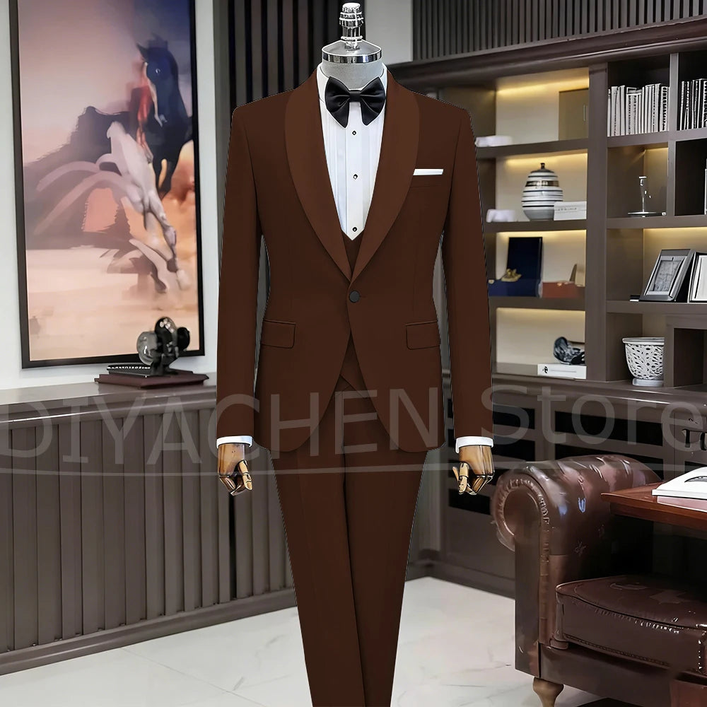 Black Suits for Men Elegant Shawl Lapel One Button Male Suit Slim (Jacket+Vest+Pants) Banquet Prom Wedding Party Tuxedo 3 Piece