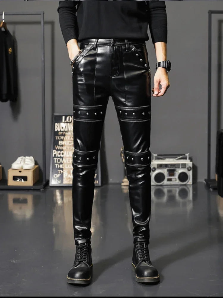 Men's Faux Leather Biker Pants - Slim Fit Motorcycle Trousers