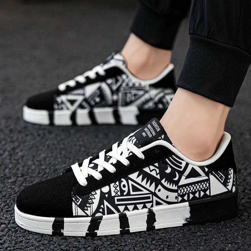 Men's Canvas Sneakers - Breathable Lace-Up Casual Shoes with Graffiti Design