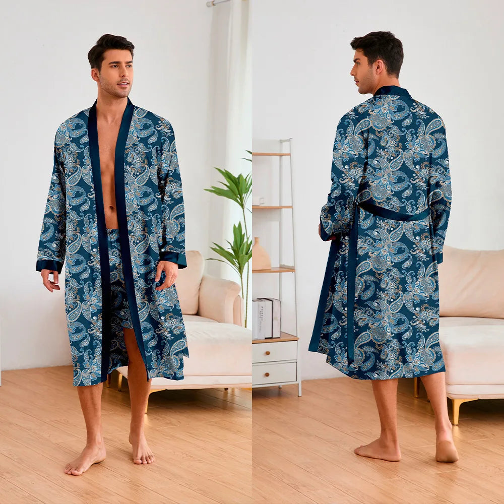 Men's Kimono Bathrobe Set - Luxury Ice Silk Robe & Pajamas