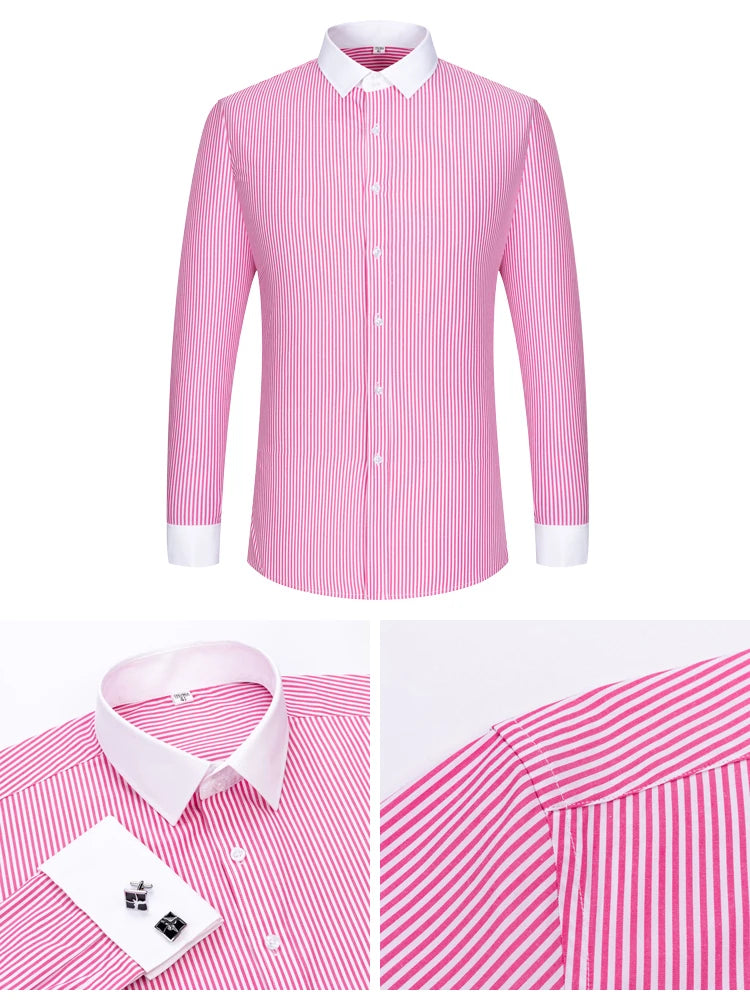 Men's Formal Long Sleeve Striped Shirt with French Cuffs & Contrast Spread Collar, Suitable for Business Wedding, All Seasons