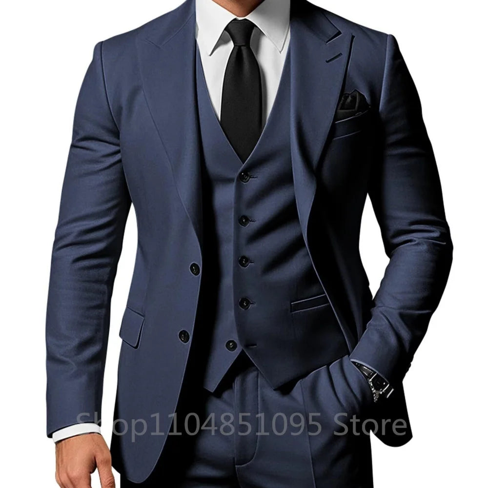 3 Piece Solid Wedding Men Suits Formal Groom Tuxedos Prom Party Male Suits Fashion Men Clothing Set Peak Lapel Jacket Pants Vest