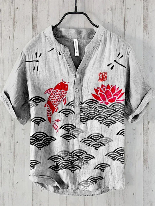 Hawaiian Fish Print Linen Shirt - Unisex Short Sleeve V-Neck