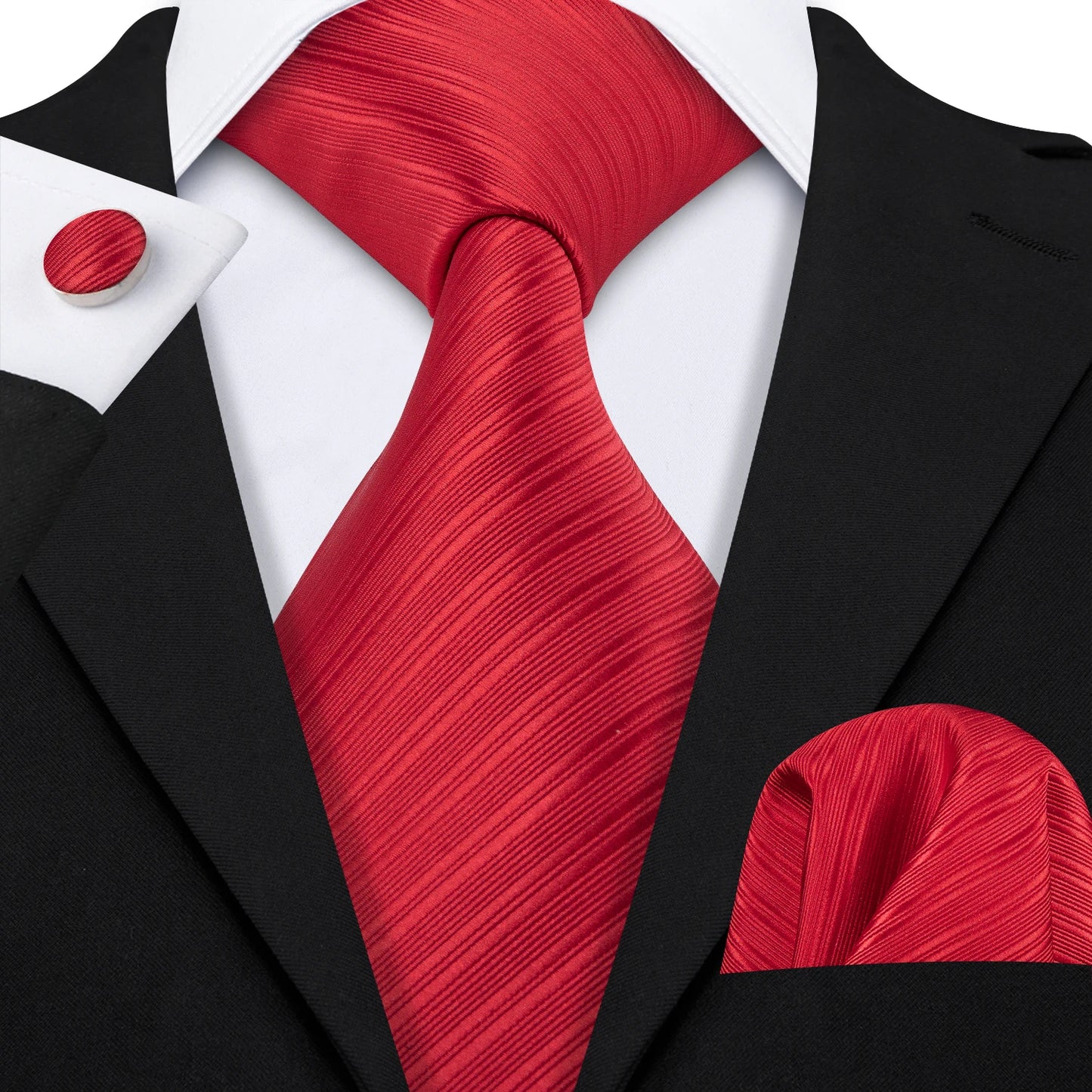 Barry.Wang Red Silk Mens Tie Hanky Cufflinks Set Burgundy Maroon Scarlet Carmine Rose Jacquard Necktie For Male Wedding Party