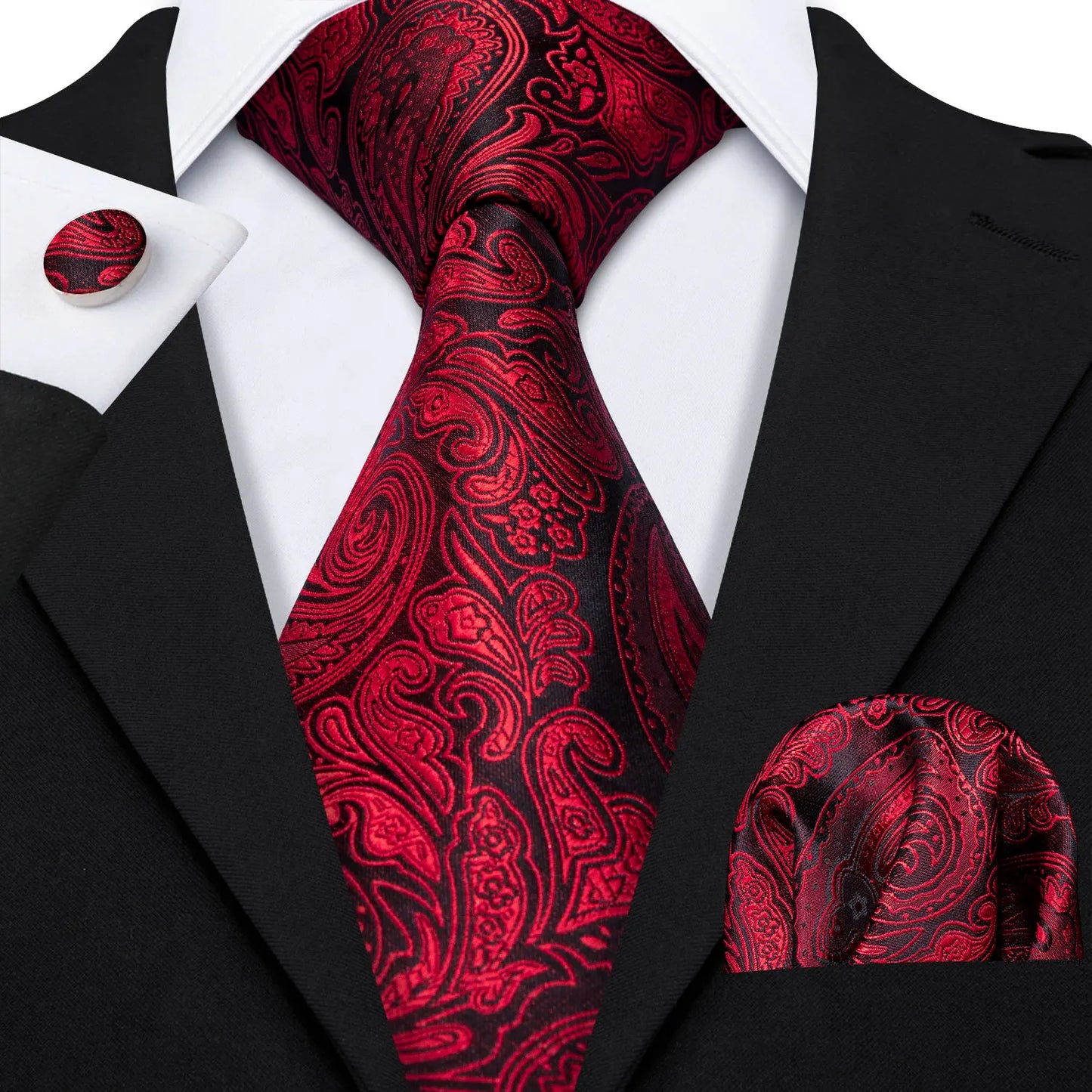 Barry.Wang Red Silk Mens Tie Hanky Cufflinks Set Burgundy Maroon Scarlet Carmine Rose Jacquard Necktie For Male Wedding Party