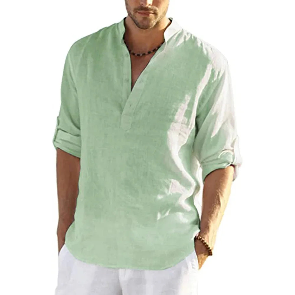 Men's Cotton Linen Casual Shirt - Long Sleeve Stand Collar