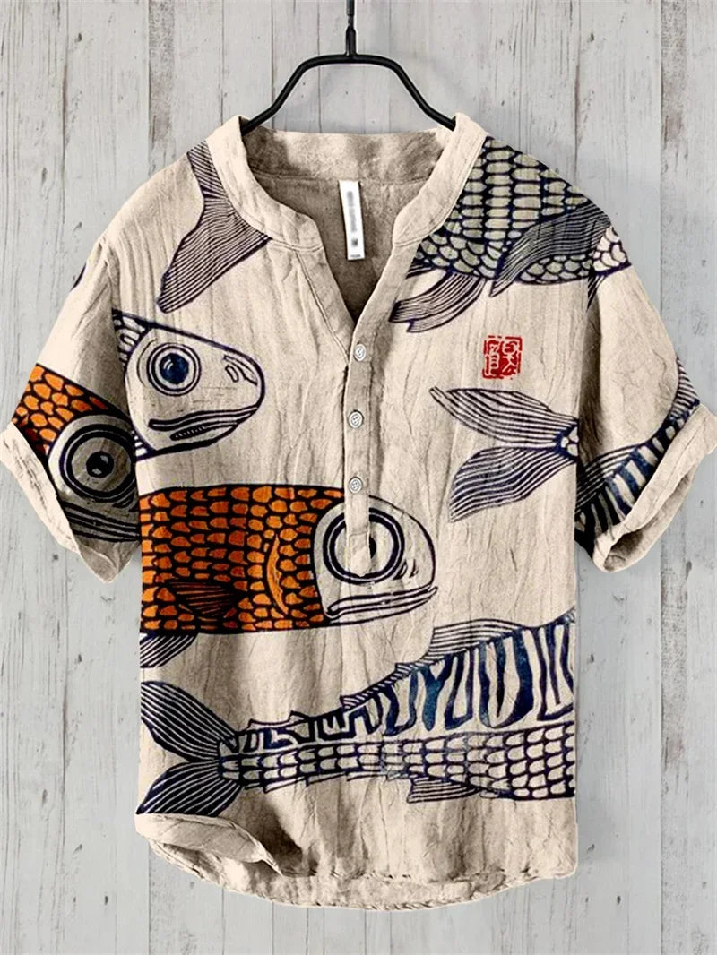 Hawaiian Fish Print Linen Shirt - Unisex Short Sleeve V-Neck