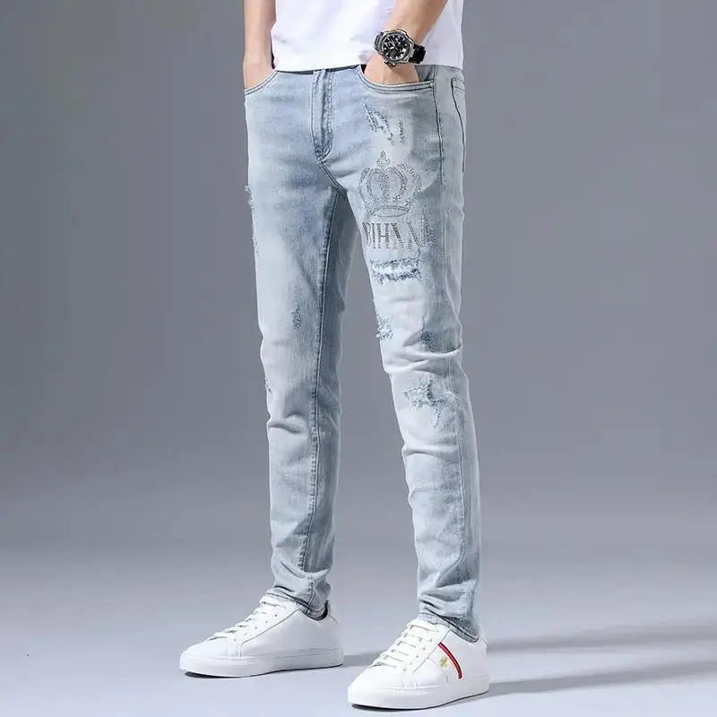 Men's Embroidered Slim Fit Denim Jeans - Stretch Ripped Design