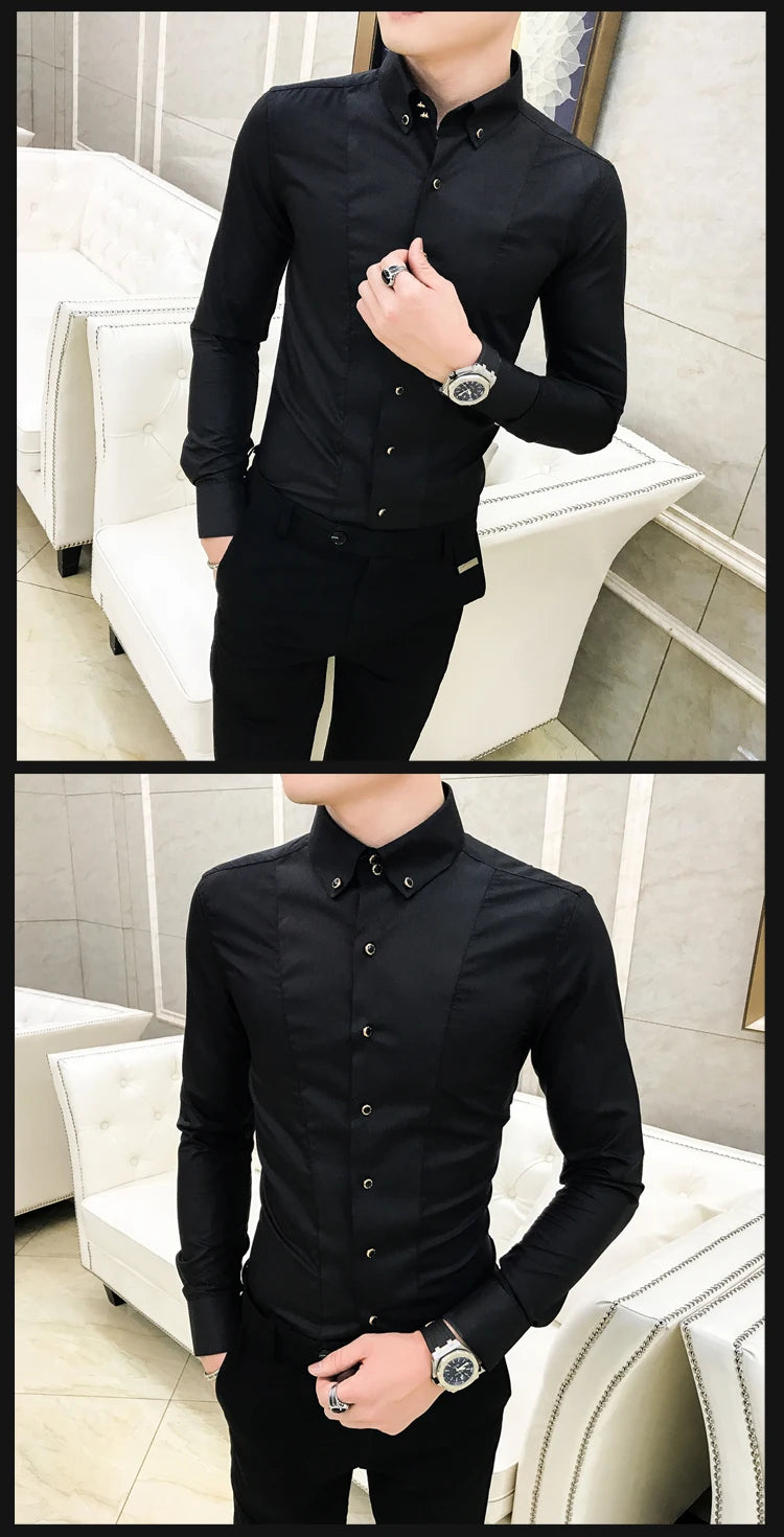 Men's Shirts Luxury Brand New Long Sleeve Elegant Shirts for Men Clothing Slim Fit Casual Mens Dress Shirts Formal Black/White